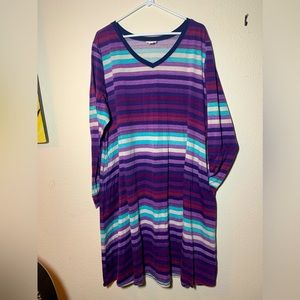 LulaRoe Emily dress in adorable purple stripes. It has pockets!